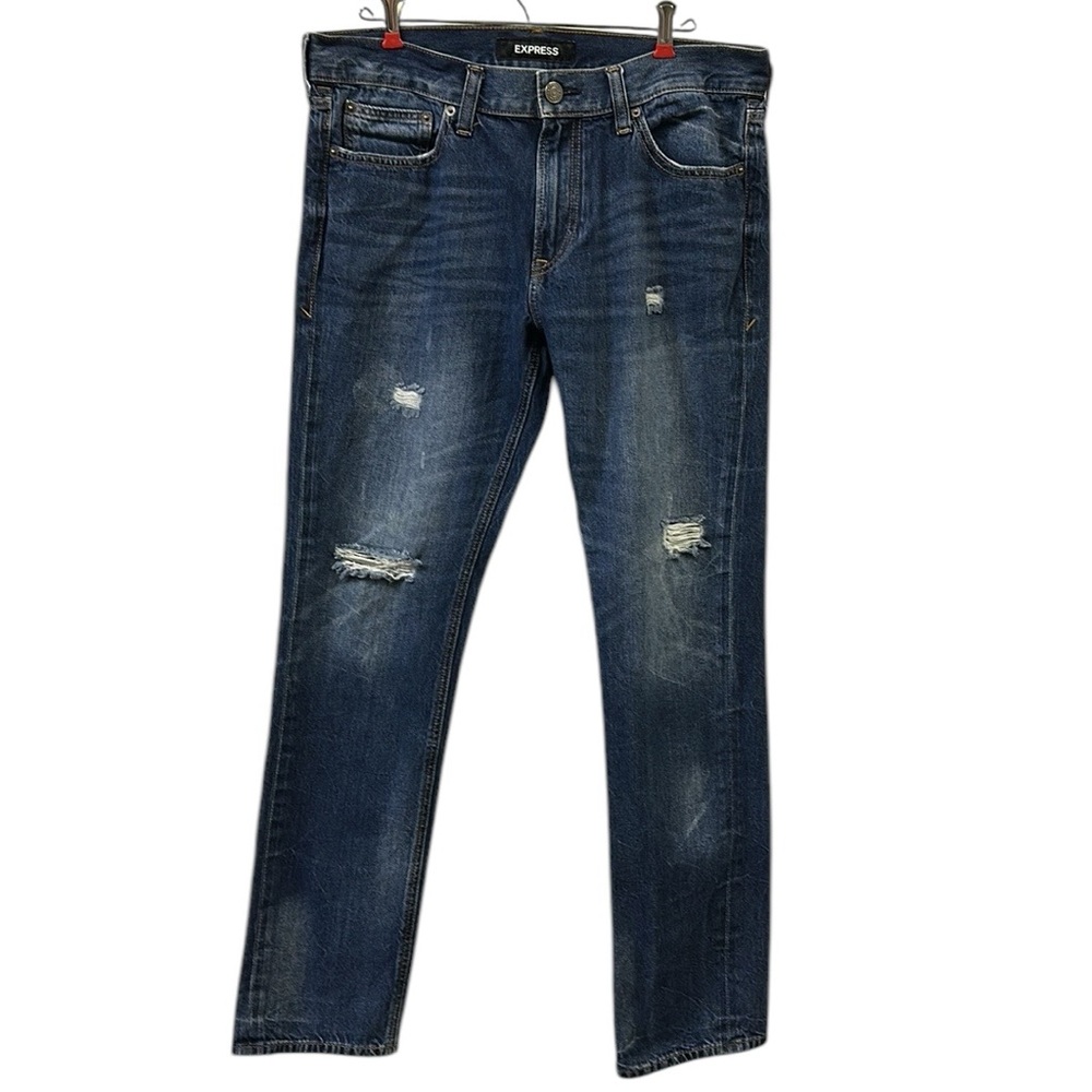 Express Distressed Denim Cotton Original Slim Fit Blue Jeans Mens Size 34 x 34